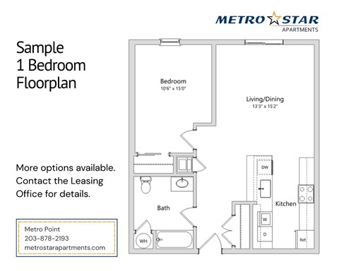 Floor plan for 1 bed, 1 bath, 883 sqft